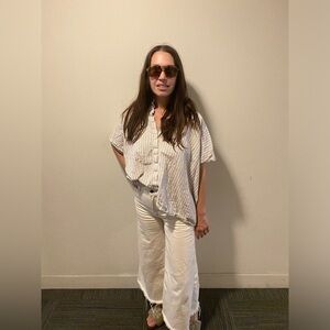 Seliijan Women’s Stripe Boxy Button Down Shirt Linen & Cotton Blend Size S